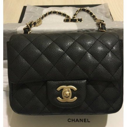 【二手】Chanel 香奈兒方胖子 A35200 mini square 荔枝紋 斜背包 肩背包黑色/金鏈  超讚