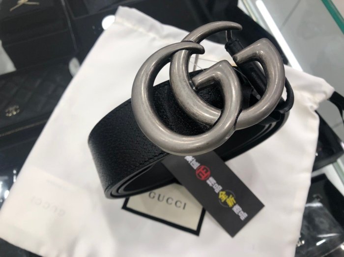 ㊣東區正精品㊣GUCCI 406831 全新復古銀頭雙G logo 黑色牛皮全皮皮帶 95CM RZ0285