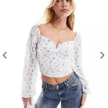 (嫻嫻屋) 英國ASOS-Hollister碎花圖案甜心領透慮袖短版上衣AA24