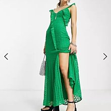(嫻嫻屋) 英國ASOS -優雅時尚綠色蕾絲V領無袖荷葉摺邊裝飾開叉長裙長洋裝禮服 EL23