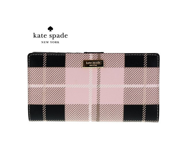 KATE SPADE ►(淡粉紅色×黑色) 格紋 皮革兩摺長夾 有照片格 錢包 皮夾｜100%全新正品｜特價!