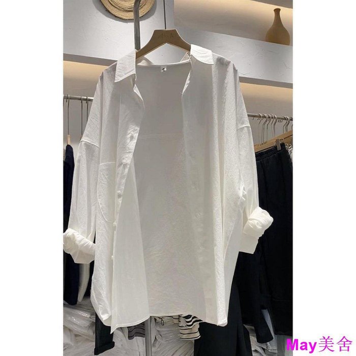 新款個性白色襯衫女2024春季高級感法式夏季長袖上衣韓版寬鬆襯衣外套-May美舍