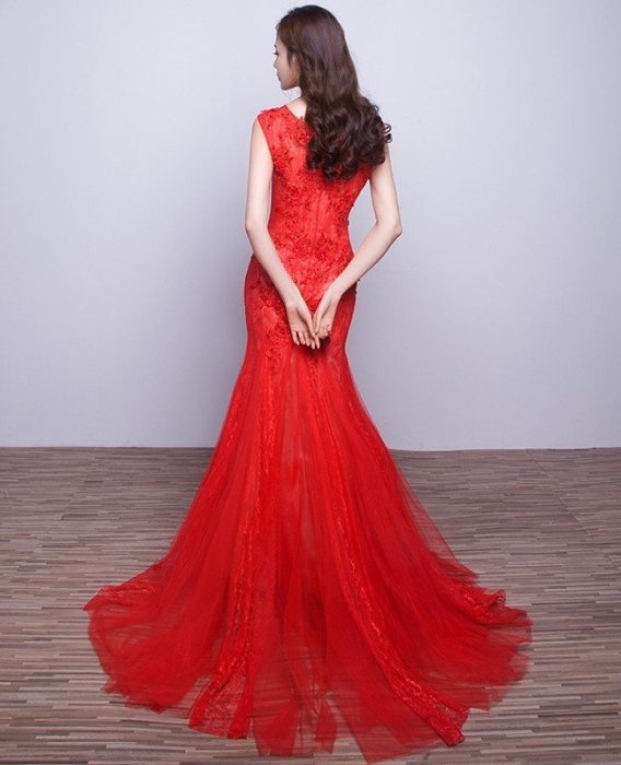 婚紗禮服 2016新款紅色結婚禮服長款晚禮服魚尾裙
