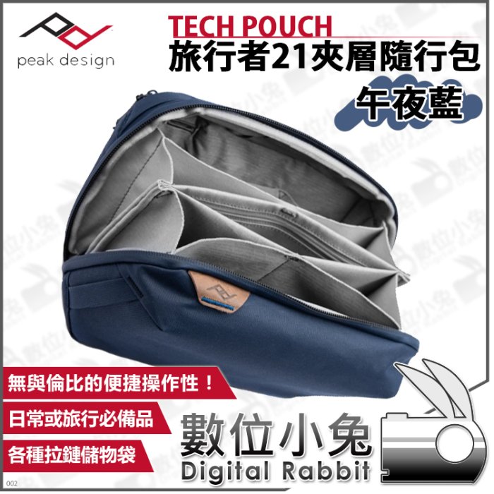 數位小兔【PEAK DESIGN TECH POUCH 旅行者21夾層隨行包 午夜藍】相機包 線材 記憶卡 收納 化妝包