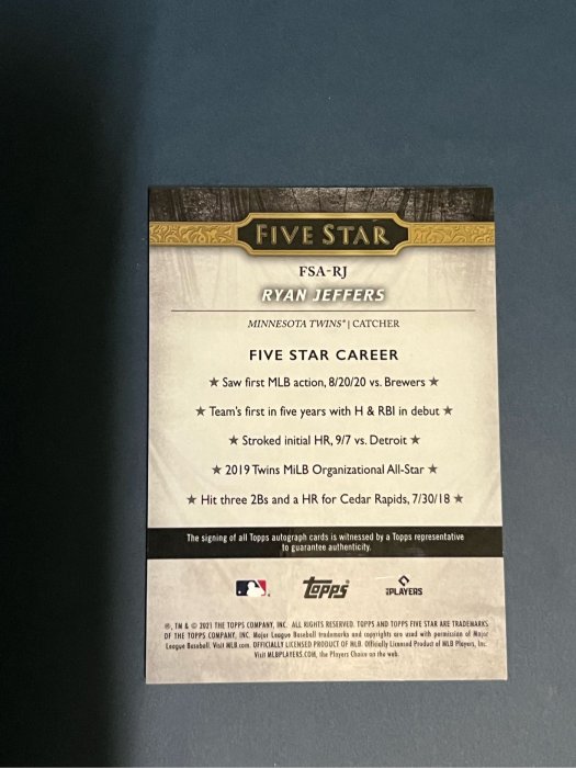 Ryan Jeffers RC卡面簽限量50張厚卡 2021 Topps Five Star 雙城第四棒