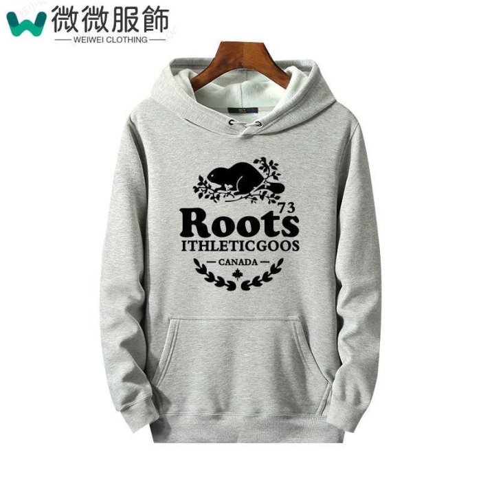 Roots保暖長袖帽T 男女情侶連帽長衫 加絨加厚衛衣帽T 純棉刷毛大學T Roots連帽素t 大學T~~微微服飾