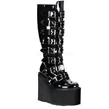 Shoes InStyle《五吋》美國品牌 DEMONIA 原廠正品龐克歌德蘿莉漆皮厚底楔型中長靴 有大尺碼 『黑色』