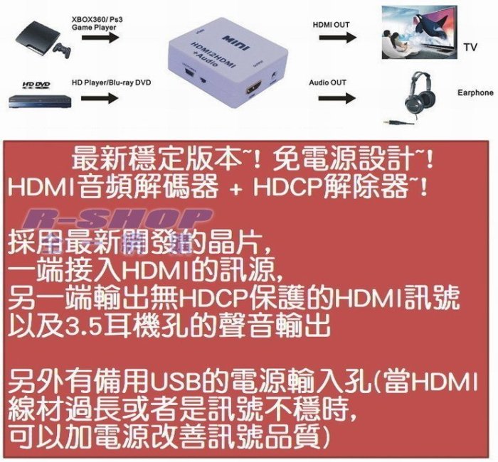專業版台灣大廠晶片 PS4 HDCP破解器解除器解碼器HDMI聲音分離外接喇叭 MOD藍光PS3 第四台錄影破解