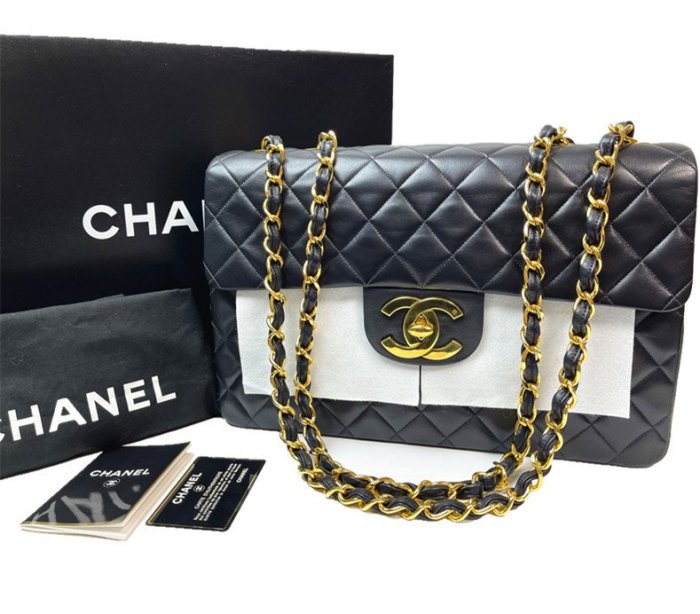 全配美品CHANEL VINTAGE黑金大LOGO金釦MAXI 貝嫂包鍊條包| Yahoo奇摩拍賣