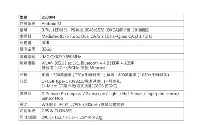 **停產**ASUS 3S 10 (Z500M) 9.7吋 平板(MTK8176/WiFi/32G/板橋可面交