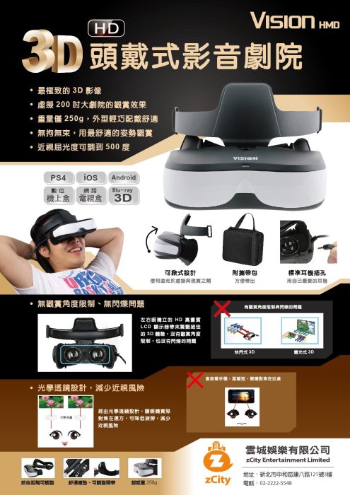 [現貨免運]Vision HMD 3D頭戴式影音劇院 虛擬4米200吋大螢幕 HD高畫質 HDMI 注意! 非VR產品