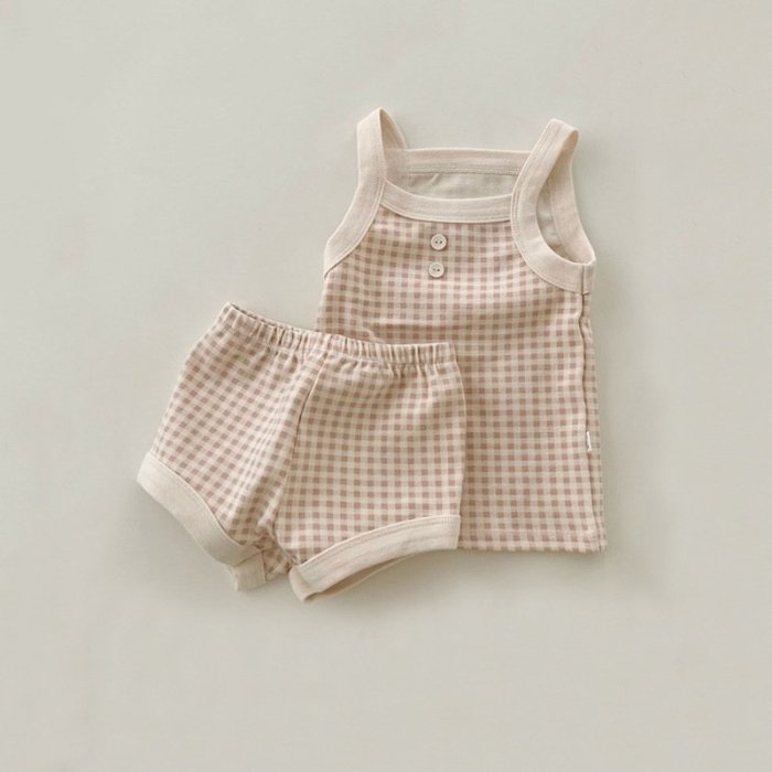 初生夏季衣服女嬰男孩格子吊帶襯衫上衣 + 短褲棉質柔軟套裝  滿599免運
