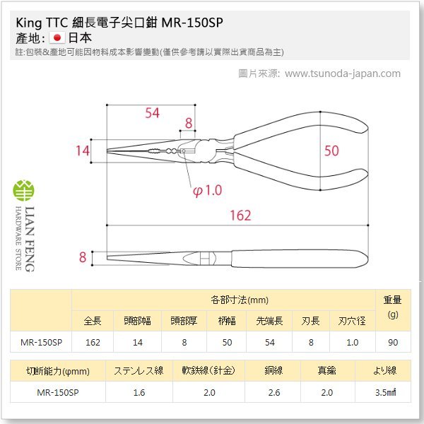 【工具屋】*缺貨含稅* King TTC 細長電子尖口鉗 MR-150SP 150mm  角田 切剪 尖嘴鉗 日本製