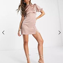 (嫻嫻屋) 英國ASOS-淺粉色鍛面荷葉摺邊高領泡泡袖A字裙洋裝EA23