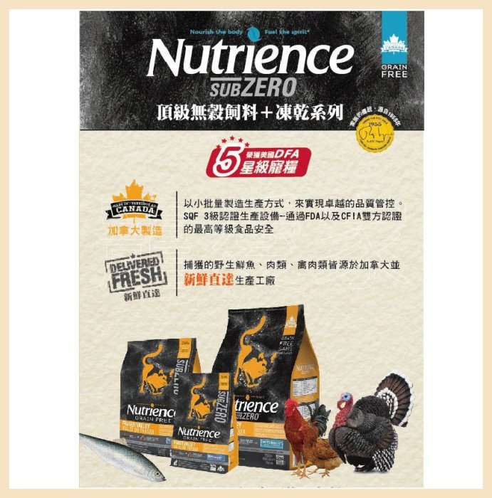 【寵愛家】-WDJ推薦-美國Nutrience紐崔斯 SUBZERO無穀凍乾貓 火雞肉+雞肉+鮭魚 5kg