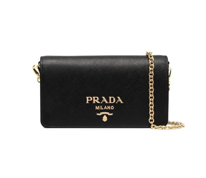 [全新真品代購-S/S22 新品!] PRADA LOGO 黑色皮革 側背包 / 鍊包 (WOC)