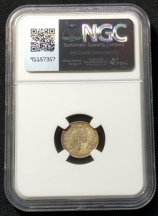 NGC MS64 1917年C版印度喬治五世男皇2安娜銀幣 (彩包)