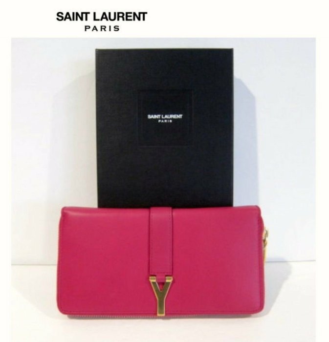 Saint Laurent Paris YSL ( 桃紅色×金屬金色 ) 拉鍊真皮長夾 皮夾 錢包｜100%全新真品｜特價!