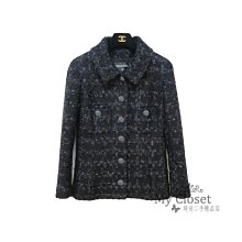 My Closet 二手名牌 Chanel 2018秋冬 經典藍黑色軟呢 雙C釦  長袖外套