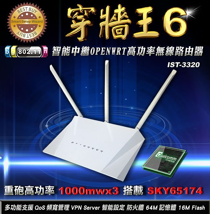 【超強推薦 限量200台秒殺】穿牆王6 高功率1000mWX3 無線分享器/OpenWrt /無線路由器/無線中繼