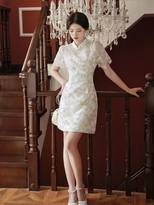 夏季女士晚禮服優雅氣質蕾絲短袖高腰山水墨畫白色禮服連衣裙