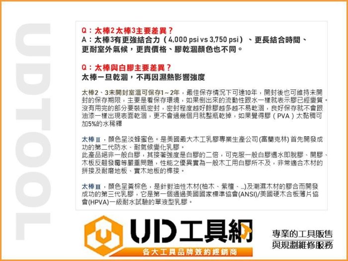 @UD工具網@ 木工膠 Titebond 美國原裝 太棒2 一加侖 白膠 太棒膠2號 木工工具 木頭膠 膠水 最新