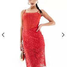 (嫻嫻屋) 英國ASOS-Rare London紅色蕾絲平口領細肩帶及膝裙洋裝禮服AD24