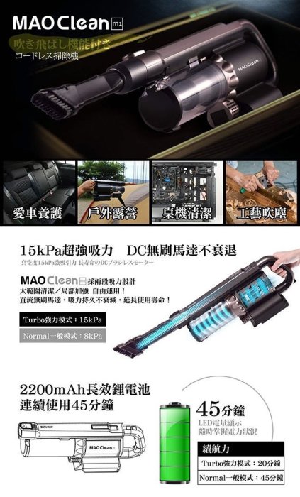 【日本 Bmxmao】 MAO Clean M1 地表最強車用無線吸塵器 吹器+吸塵 6組吸頭 附收納包 濾網永久免費送