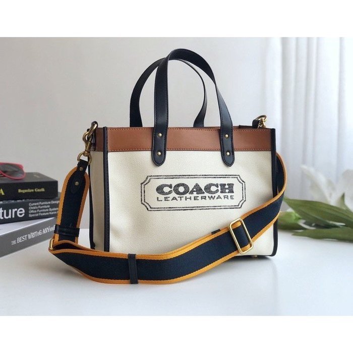 代購coach購證 斜跨斜背包 F89488 Feld30拼色帆布包 媽咪包 手提包 子母托特包 可拆卸肩帶