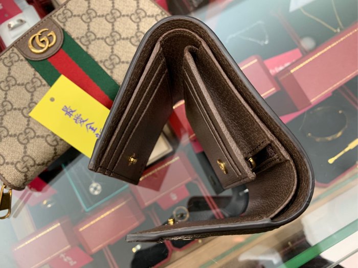 ☆最愛二手精品☆ GUCCI Ophidia PVC 全新綠紅綠金釦釦子三折拉鍊零錢袋短夾皮夾 523174