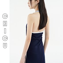 CHIC U 日常著裝美式掛脖露背連身裙女秋復古拼色長裙