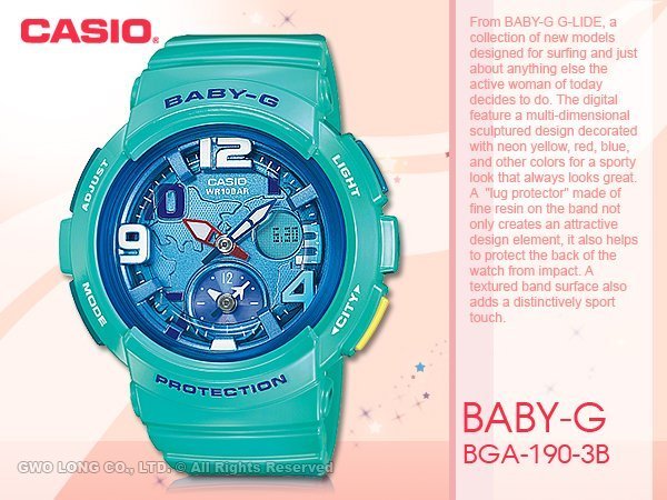 CASIO 手錶專賣店 國隆 CASIO G-SHOCK BGA-190-3B_綠_地圖錶盤設計_女錶_防水