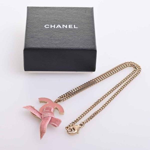 Chanel vintage香奈兒復古甜美粉色cc 標誌蝴蝶結綁帶金色項鍊