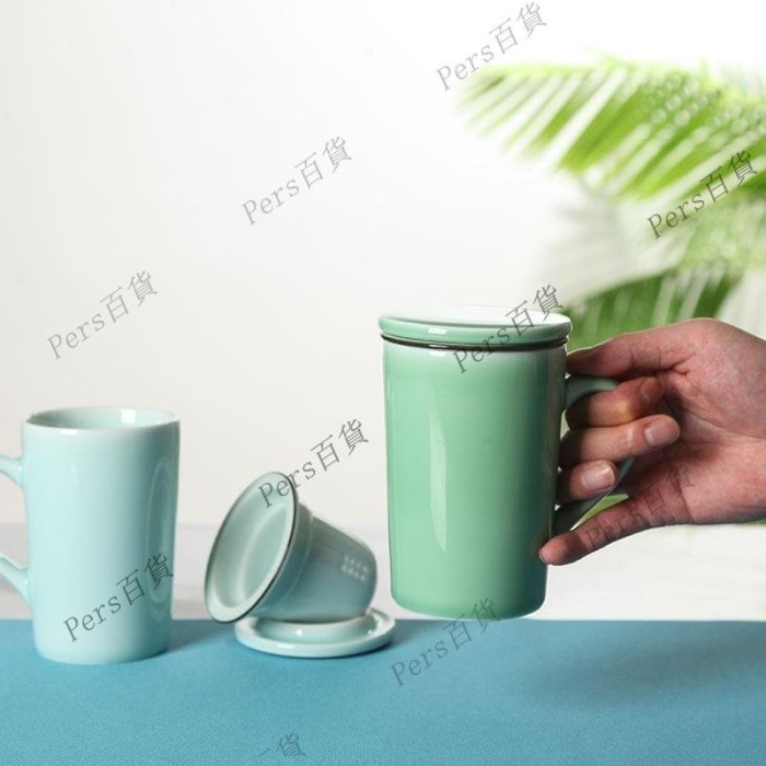 【熱賣精選】青瓷中式馬克杯帶蓋家用泡茶杯辦公室茶水分離大容量過濾杯領導杯