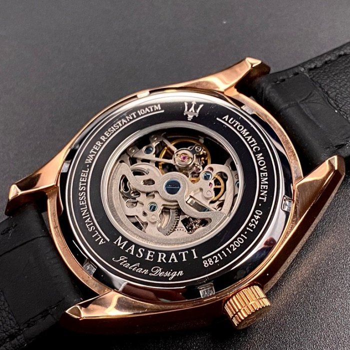MASERATI瑪莎拉蒂男錶,編號R8821112001,46mm玫瑰金錶殼,深黑色錶帶款