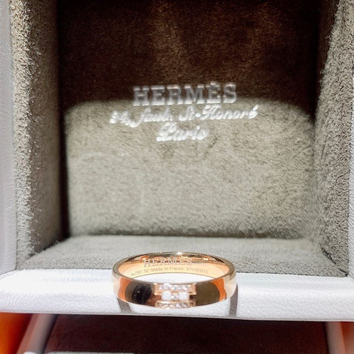 法國專櫃精品名牌 Hermès 愛馬仕 玫瑰金 正18K 750  經典品牌H真鑽石 戒指 HERMES 鑽戒 稀有限定