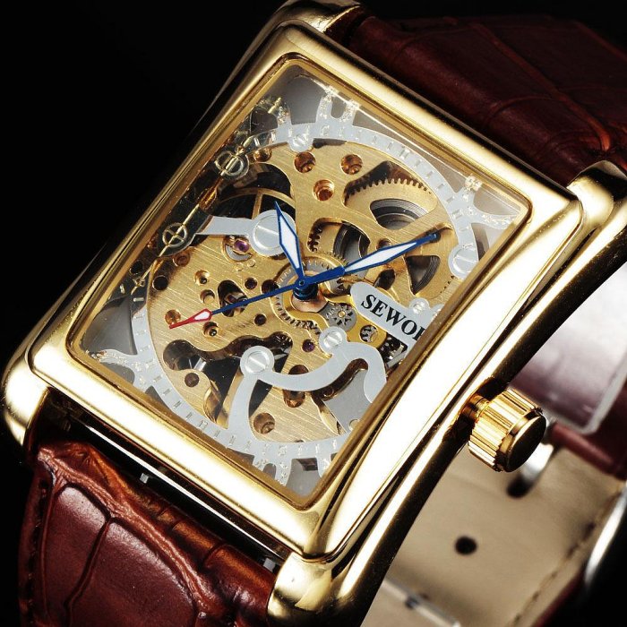 現貨男士手錶腕錶速賣通ebay SEWOR鏤空男士手錶時尚方形腕錶 手動機械錶