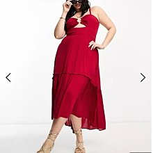 (嫻嫻屋) 英國ASOS-River Island紅色比基尼領綁帶背露美背荷葉摺邊中長裙洋裝ED23