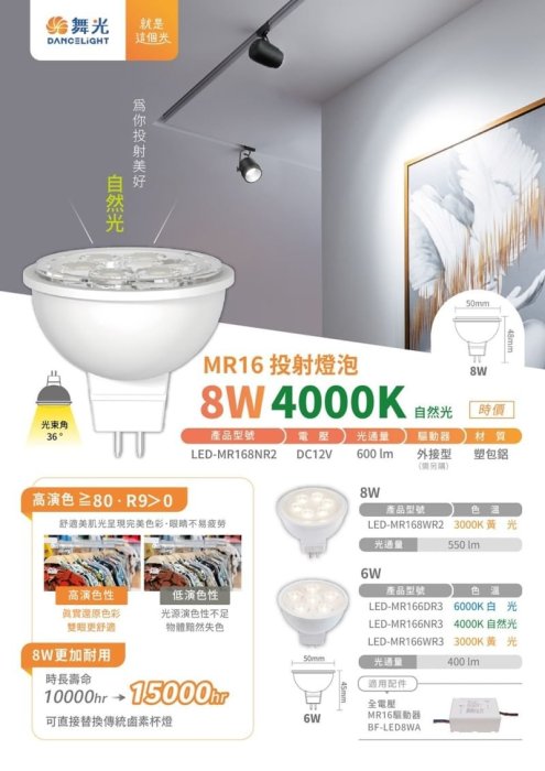 舞光 LED MR16 8W杯燈 需搭合12V LED專用變壓器器 可替代傳統 12V 50W 鹵素杯燈