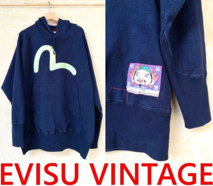 BLACK美中古EVISU.JAPAN日版老品VINTAGE手工刷大M LOGO連帽長T帽T