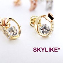 *SKYLIKE* 最優雅-韓國進口585/14K玫瑰金、黃K金亮面可愛風玫瑰小蝶鋯石耳針耳環，EJ-98043s*