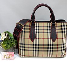 優買二手精品名牌店 BURBERRY PVC 防水帆布騎士戰馬格紋 黑色牛皮紅邊 肩背包斜背包公事包手提包 美品