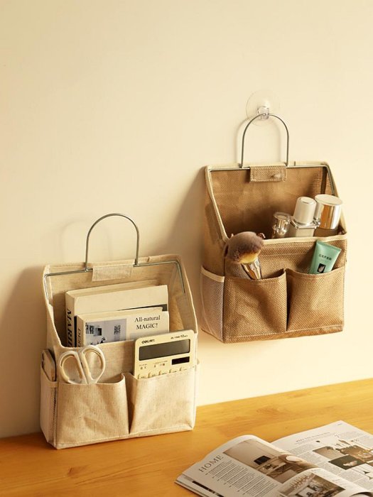 小鹿布藝棉麻床頭宿舍收納掛袋墻掛式雜物零食整理袋墻上儲物袋大容量