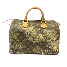 高雄店 遠麗全新二手名牌館~K6152 LV 原花金釦金線刺繡花SPEEDY30手提包M95397