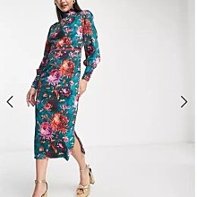 嫻嫻屋) 英國ASOS-Hope & Ivy 優雅時尚名媛花卉印花荷葉摺邊高領長袖及膝裙洋裝禮服EA23