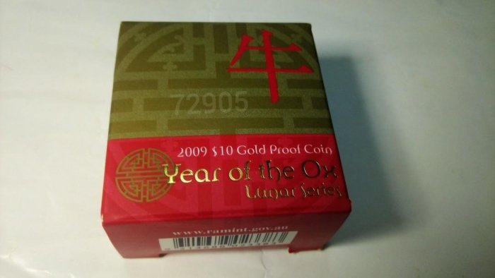 2009澳洲牛年純金金幣1/10盎司，黃金，純金，金幣1/10，限量金幣，金~2009澳洲牛年純金金幣1/10oz（全球限量2500枚)