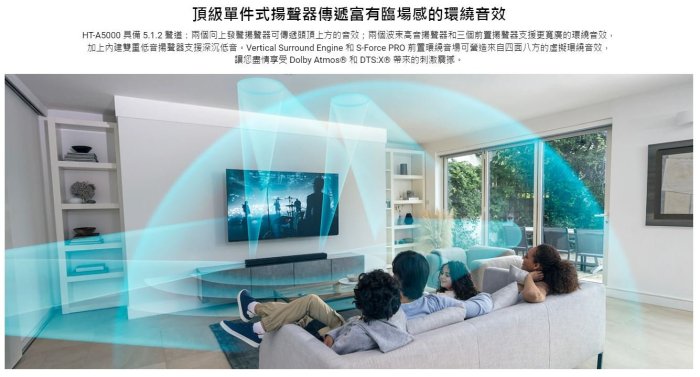 《三禾影》SONY 公司貨 HT-A5000 單件式環繞家庭劇院 5.1.2 Soundbar【可另加購後環繞/重低音】