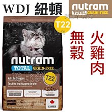 ◇帕比樂◇Nutram紐頓．T22無榖全貓(火雞肉+雞肉)【5.4KG】添加薑黃 WDJ貓飼料