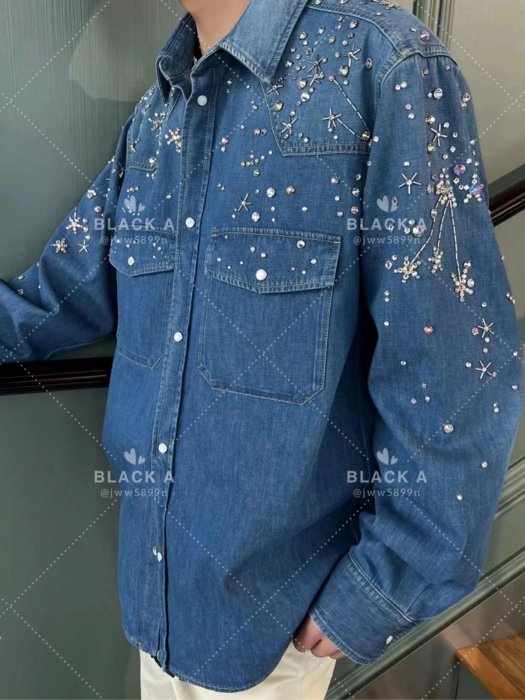 【BLACK A】Gucci 23SS男裝 釘珠水鑽牛仔襯衫 價格私訊