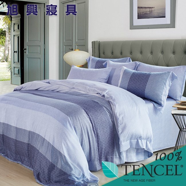 【旭興寢具】TENCEL100%天絲萊賽爾纖維 加大6x6.2尺 鋪棉床包舖棉兩用被四件式組-麻趣布洛-藍